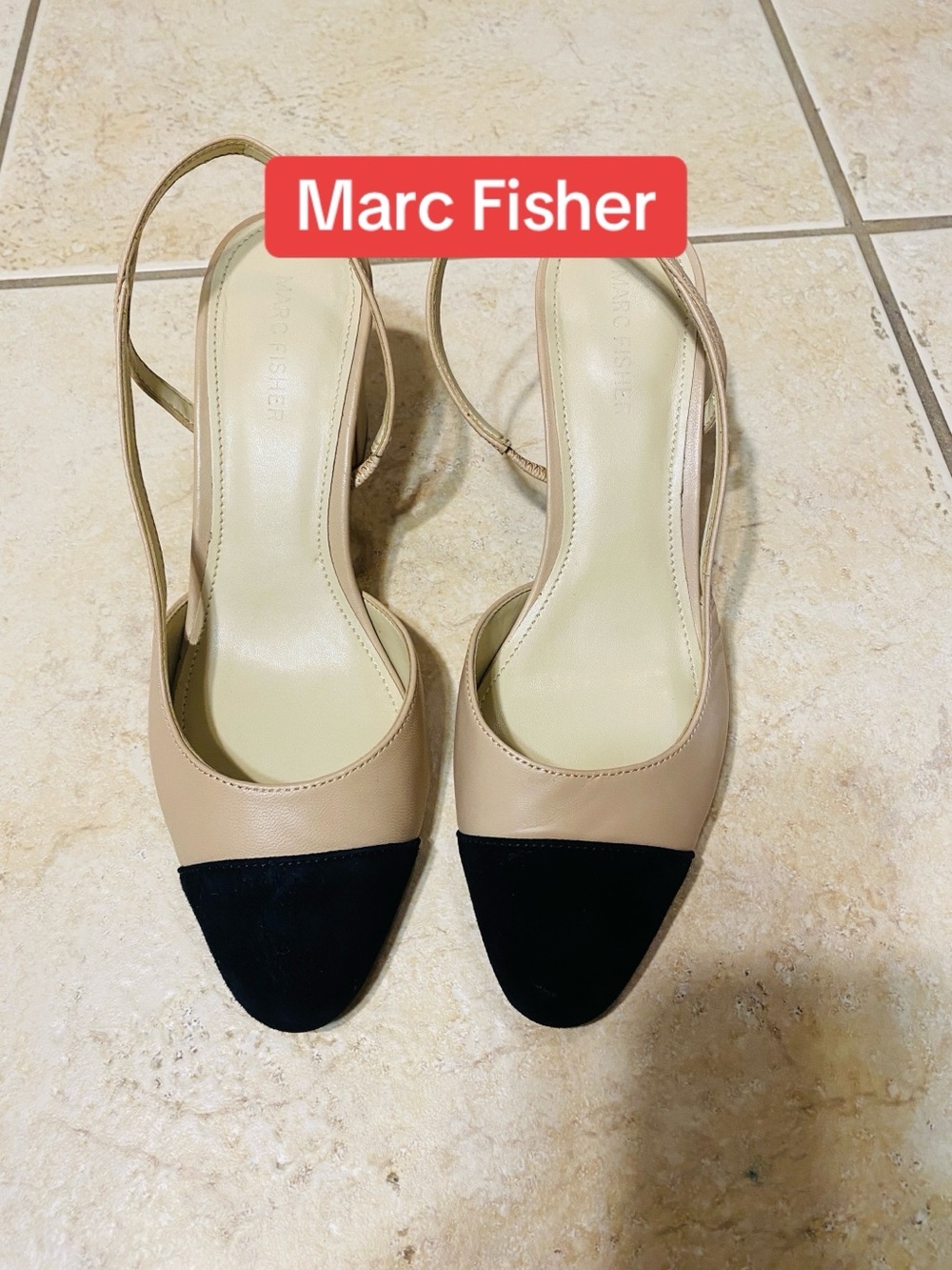 Marc Fisher Two-Tone Slingback Sandals in Beige and Black